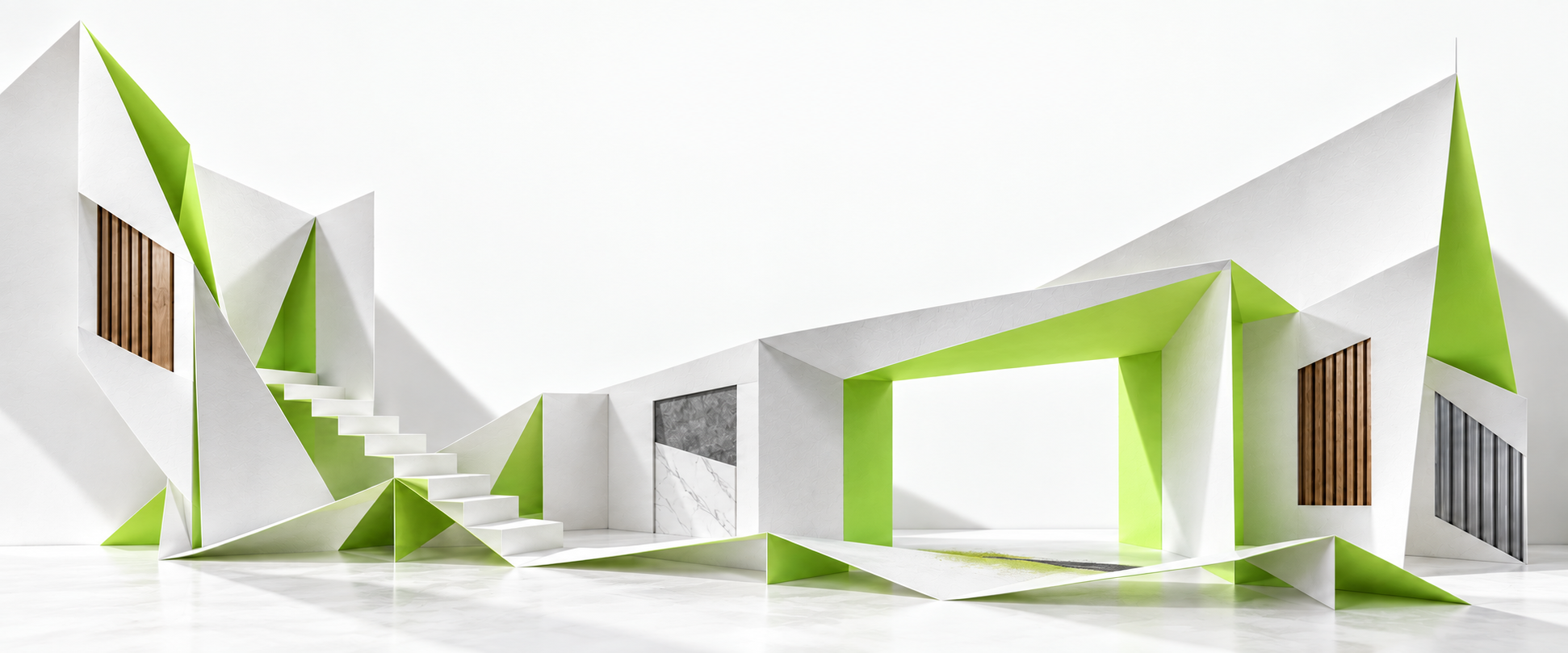 A continuous white paper architecture with lime reverse faces and material windows