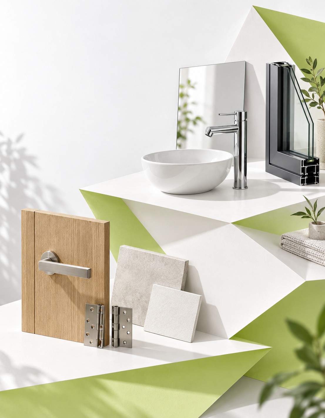 Door hardware, a basin and tap, and a window profile on a folded-paper display